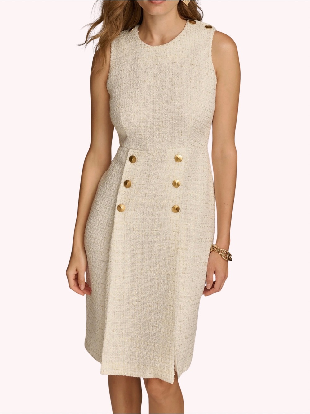Donna Karan New York Sleeveless Tweed Sheath Dress Cream Gold Button Midi